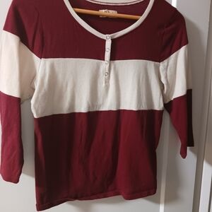 Hollister Burgundy and Cream Long Sleeve Tee